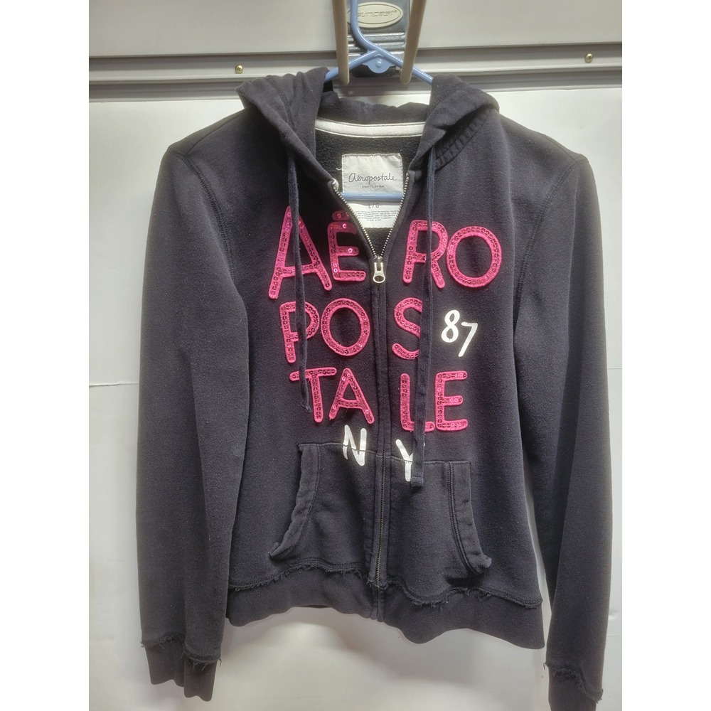 Aeropostale Y2K Full Zip Hoodie‎ Navy Blue Pink Sequin Logo Graphic Large L 87